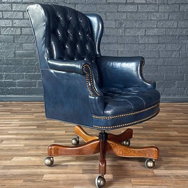 Vintage Wingback English Chesterfield Style Blue Leather Office Chair, c.1960’s 