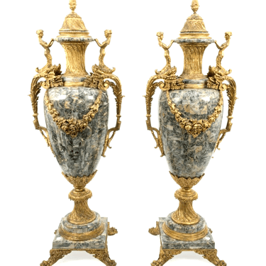 Urns, Louis XV Style, Huge, Pair, Gilt Mounted, Faux Marble, 60 Ins., 1900's!