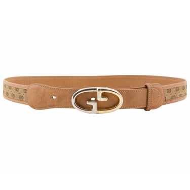 Gucci 1970s Vintage GG Buckle Beige Monogram Leather Waist Belt Sz XS S 