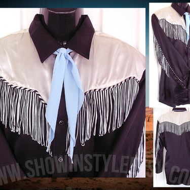 Karman Gold Collection Vintage Western Men's Cowboy and Rodeo Shirt, Black & White with Fringe, Size X-Large (see meas. photo) 