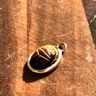 Vintage Tiger Eye Scarab Pendant Egyptian Revival 1950s 1960s Carved Gemstone Jewelry 