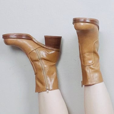 1990s Vintage Tan Leather Platform Boots / Y2K Ankle Spice Girls Heeled Booties / Size 8.5 