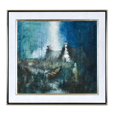 Sublime Expressionist Blue White and Teal Village Painting with Boat 1972 
