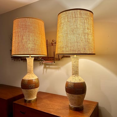 Pair of 1960s Earthtone Midcentury Large Lamps Ceramic, Signed and Dated - Free Shipping 