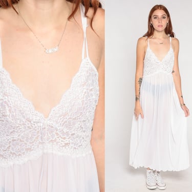 White Lace Nightgown Y2K White Slip Dress Midi Sequin Lace Lingerie Vintage 00s Lettuce Edge Hem Spaghetti Strap Empire Waist Medium 