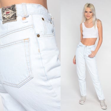 Light Wash Jeans 90s Mom Jeans Pale White-Blue Skinny High Waisted Denim Pants Tapered Slim Retro Stone Wash Vintage 1990s Extra Small xs 25 