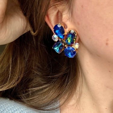 80s Blue Aurora Crystal Clip On Earrings