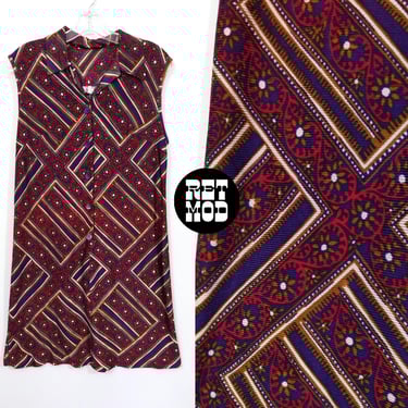 Slinky Vintage 60s 70s Maroon Purple Patterned Sleeveless Collared Shift Dress 