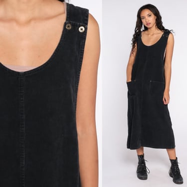 Corduroy Jumper Dress 90s Midi Black Pinafore Dress Overall Dress 1990s Grunge Pocket Vintage Minidress Sleeveless Smock Large 