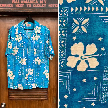 Vintage 1960’s Size L Pop Art Tiki Barkcloth Cotton Hawaiian Shirt, 60’s Camp Collar, Vintage Clothing 