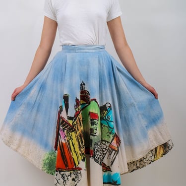 1950s Mexican Souvenir Skirt with Novelty Print Village Scene