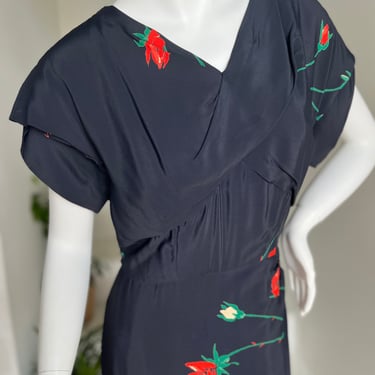Elegant 1940s Berenice Holloway Original Rose Print Rayon Gown Vintage 36 Bust 