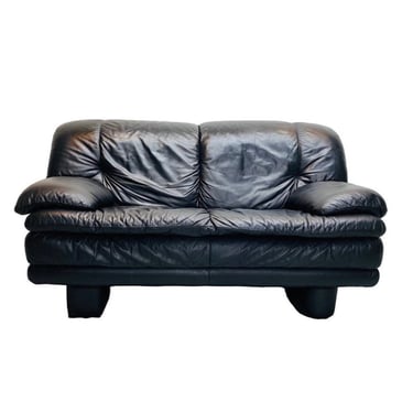 1980s Postmodern Memphis Style Black Italian Leather Two Seater Loveseat Sofa 