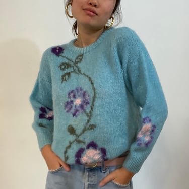 60s hand knit mohair floral sweater / vintage sky blue mohair scenic morning glory botanical fuzzy one of a kind sweater | S M 