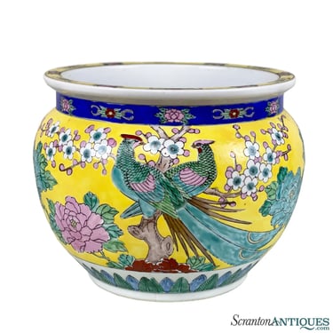 Vintage Chinese Yellow Enamel Porcelain Floral Peacock Jardiniere Planter