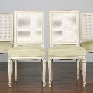French Louis XVI Style Square Back Provincial Painted Dining Chairs - Set of 4 