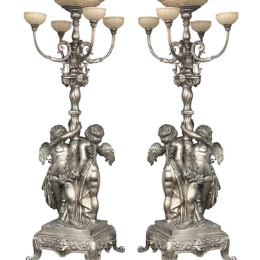 Pair of Bronze Silver-Plated Palatial Torchères (Italy, c. 1900's)
