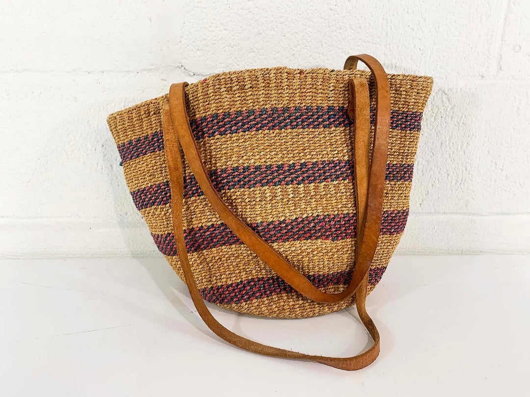 VINTAGE SISAL LEATHER Bag 60s 70s Woven Bucket Bag Straw