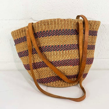Vintage Sisal Kenyan Market Bag Woven Tote Leather Shoulder Beach Weekender Carryall Jute Boho Purse Handbag 1970s 