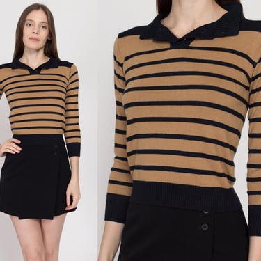 XXS Y2K Brown & Black Striped Knit Sweater Top | Vintage 3/4 Sleeve Lightweight Fitted Collared Pullover 