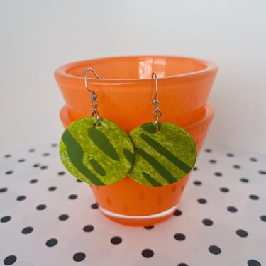 80's Chic Faux Leather Clay Dangle Earrings Abstract Green Squiggles Swirls Speckles Geometric Round Circle Unique Vintage Inspired 