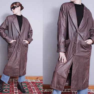 Vintage 1980's | Oversized | Brown | Leather | Trench | Coat | Overcoat | M/L 