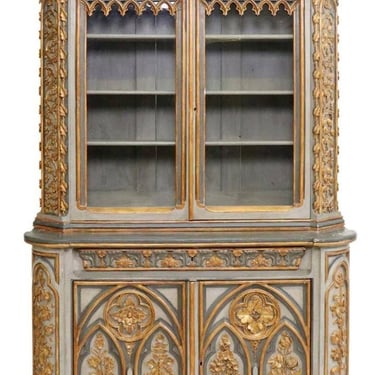 Antique French Gothic Revival Carved Painted Gilt Wood Bibliothèque Bookcase Display Cabinet 19th Century 