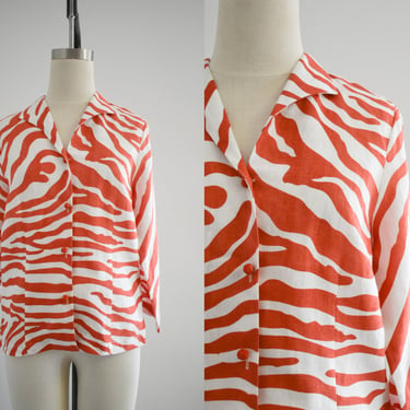 1990s/Y2K Orange and Cream Zebra Print Linen Blouse 