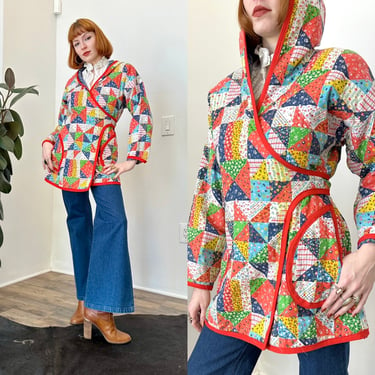 Vintage 1970s Jacket / 70s Patchwork Quilted Jacket / Red White Blue ( S M ) 