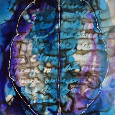 The Color of My Mind: Original ink painting on yupo of brain scan - neuroscience art literature Bronte 