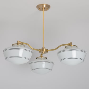 Three Shade Modern Offset Chandelier - Hand Blown Glass - White, Clear or Painted Lines Shades - Down Rod Light - Schoolhouse Glass 