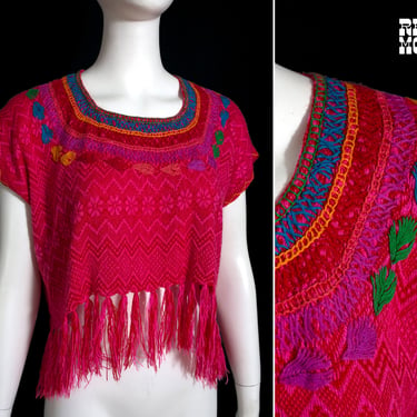 Lovely Vintage 70s Bright Red Pink Woven Boho Crop Top with Fringe & Embroidery 