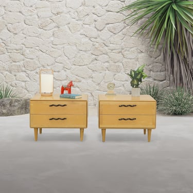 George Nelson Style Blonde Nightstands with drawer dresser with squiggly pulls