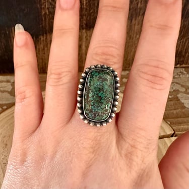 S SKEETS BEADED Square Turquoise Sterling Silver Ring | Handmade | Native American Navajo Southwestern Jewelry | Size 5 