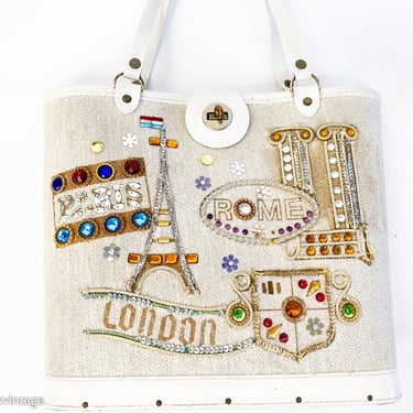 1960s Burlap Travel Tote | 60s Beuge Bejeweled Handbag | Enid Collins-like 