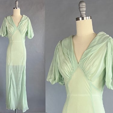 1930s Chiffon Dress / Seafoam Green Bias Cut Gown / Silk Chiffon Dress / Goddess Dress / Size Small 