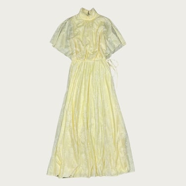 (S) 70s Yellow Floral Mesh Overlay Maxi Dress