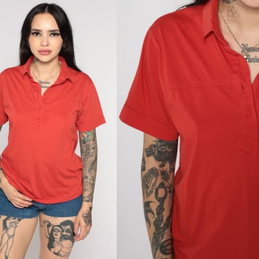 Red Polo Shirt -- Vintage 80s Button Up Shirt Retro Tshirt Collared 1980s Slouch Short Sleeve Tee Plain Yoke Solid Medium 