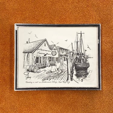 Vintage Marker Drawing 1970s Retro Size 12x16 Cape May + New Jersey + Fishermans Wharf + Farag + Nautical + Sailing Boat + Wall Art + Decor 