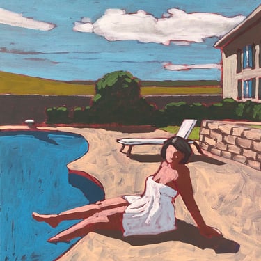Pool #117 - Original Acrylic Painting on Canvas 16 x 20, retro, outdoors, towel, swimsuit, woman, michael van, art, clouds, figurative 