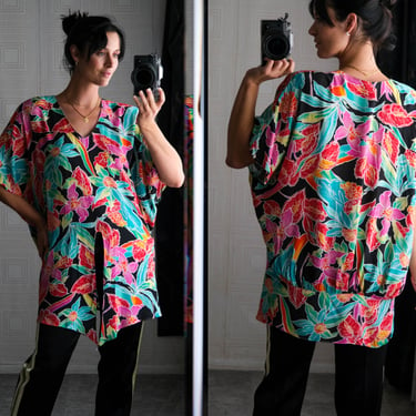 Vintage 80s Carole Little for Saint Tropez West Vibrant Tropical Print Front Tie Blouse | Made in USA | 100% Rayon | 1980s Designer Boxy Top 