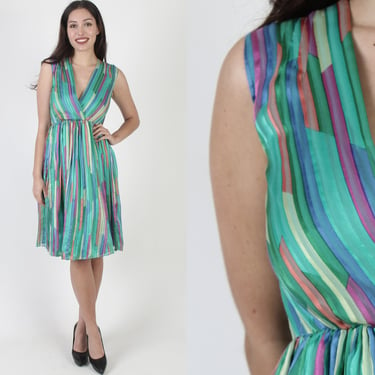Cute Bright Color Rainbow Silk Tank Dress, Vintage 80s Richline Brand Party Outfit, Pleated Vertical Striped Full Skirt Dress 