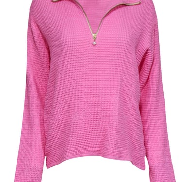 Donni - Pink Cotton Waffle Knit Quarter-Zip Pullover Sz L