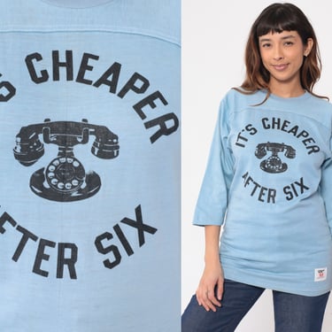 Vintage Rotary Phone Shirt 70s 80s It's Cheaper After Six Blue Retro TShirt Vintage Graphic T Shirt Slogan Long Sleeve Tee Extra Small xs 
