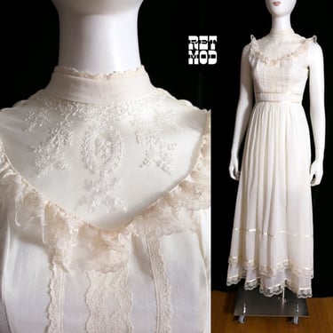 Iconic Vintage 70s 80s White Cotton Lace Maxi Dress by Candi Jones California 