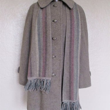 Vintage 1980s Country Pacer Peacoat Coat, Detachable Scarf, Taupe Wool, Medium Women 