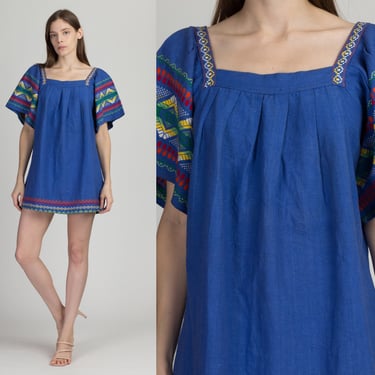 70s Guatemalan Blue Woven Hippie Mini Dress - Large | Vintage Embroidered Boho Bell Sleeve Huipil Shift 