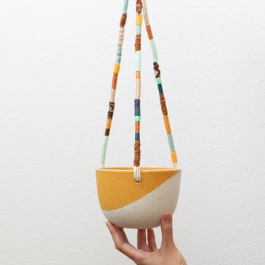Handmade Hanging Ceramic Planter - Speckled Yellow Flower Pot - Clay Basket Hanger - Modern Pottery - Plant Holder - Indoor Garden - Ceiling 