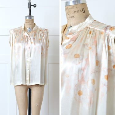 vintage 1970s sleeveless satin blouse • loose fit flowing painted floral bohemian top 