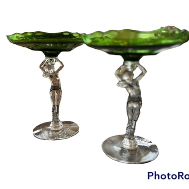 Gorgeous Cambridge glass nude compote glasses - a pair!  Rare green! 